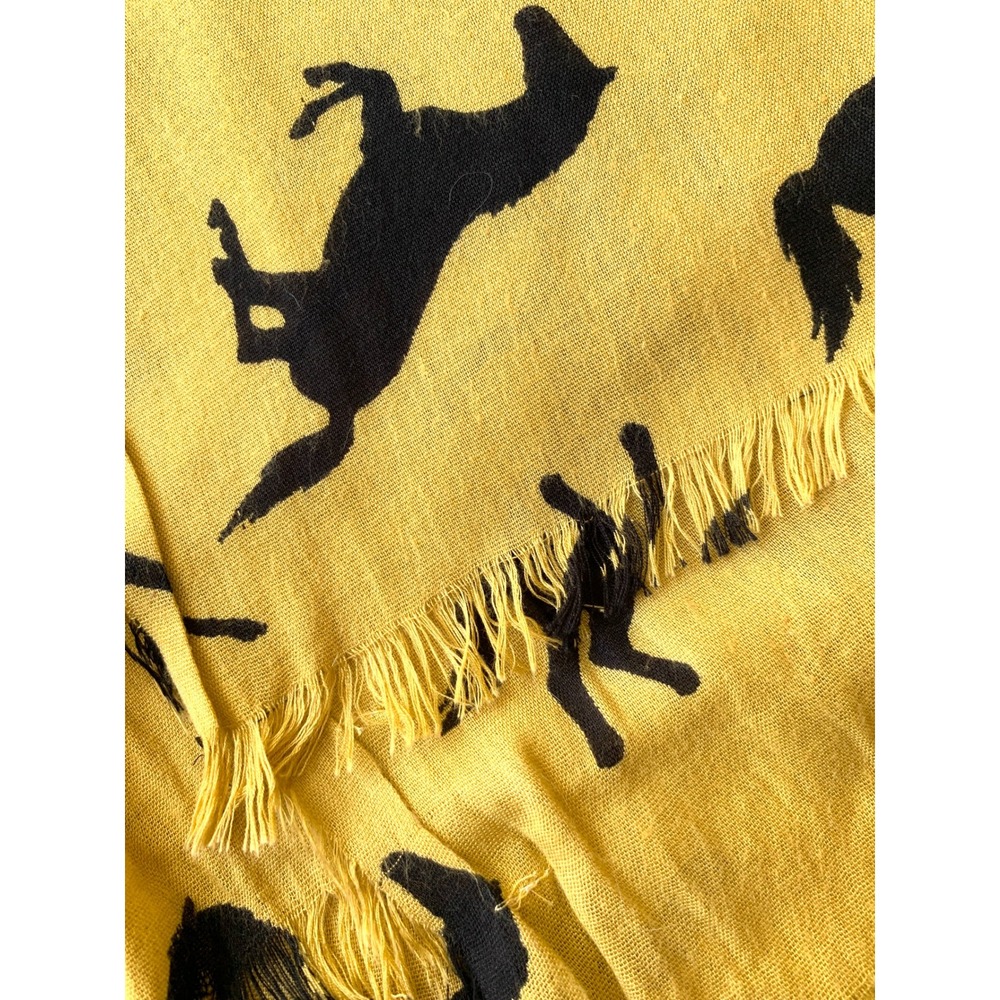 Western Horse Print Scarf 36 x 74 Frayed Edge Equestrian Mustard Yellow Black - Picture 2 of 8